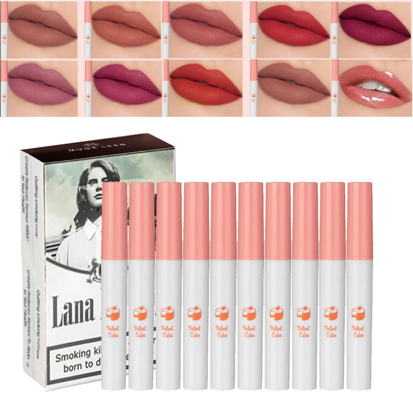 10 Colors Lip Tint Stain Set,Lana Del Rey Matte Lipstick,Tube Cigarette Lipstick Long Lasting 24 hours Waterproof, Velvet labiales Mate Lip Stain