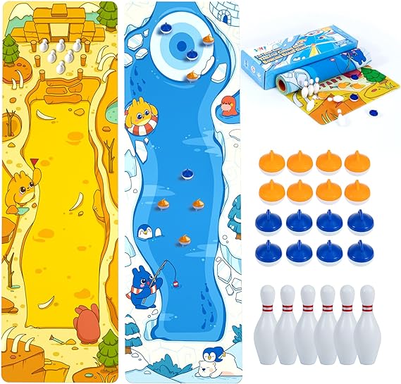 4FT Table top Curling and Bowling 2 in 1 Board Games, Shuffleboard Game Set with 16 Curling Rocks and 6 Bowling Pins, Best Gifts for Kids Adults, Travel Compact Storage, Indoor Outdoor Fun Family Game