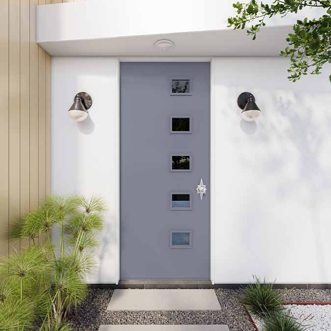 A residential home exterior in the house paint color Cosmic Vibes, the perfect purple paint color from Clare. Cosmic Vibes is a mysterious medium dusty purple paint color that feels straight out of the Milky Way. Shop now.