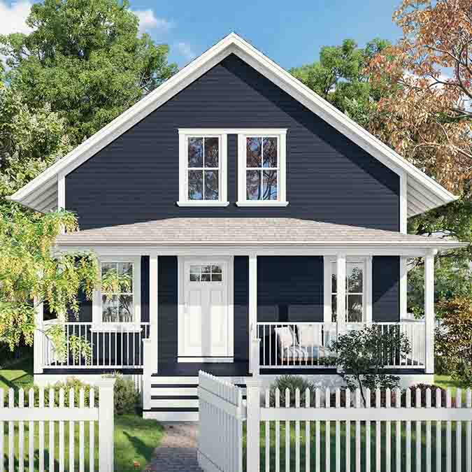 A residential home exterior in the house paint color Goodnight Moon, the perfect midnight blue paint color from Clare. Goodnight Moon is a deep, midnight blue paint color This strong midnight blue hue is dark and alluring like an infinite, moonlit sky. Shop now.
