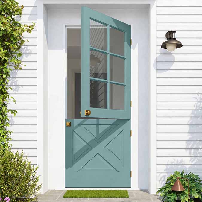 A residential home exterior in the house paint color Vacay, the perfect tropical green paint color from Clare. Vacay is a vibrant blue-green paint color with tropical vibes that feels like a permanent vacation. Shop now.
