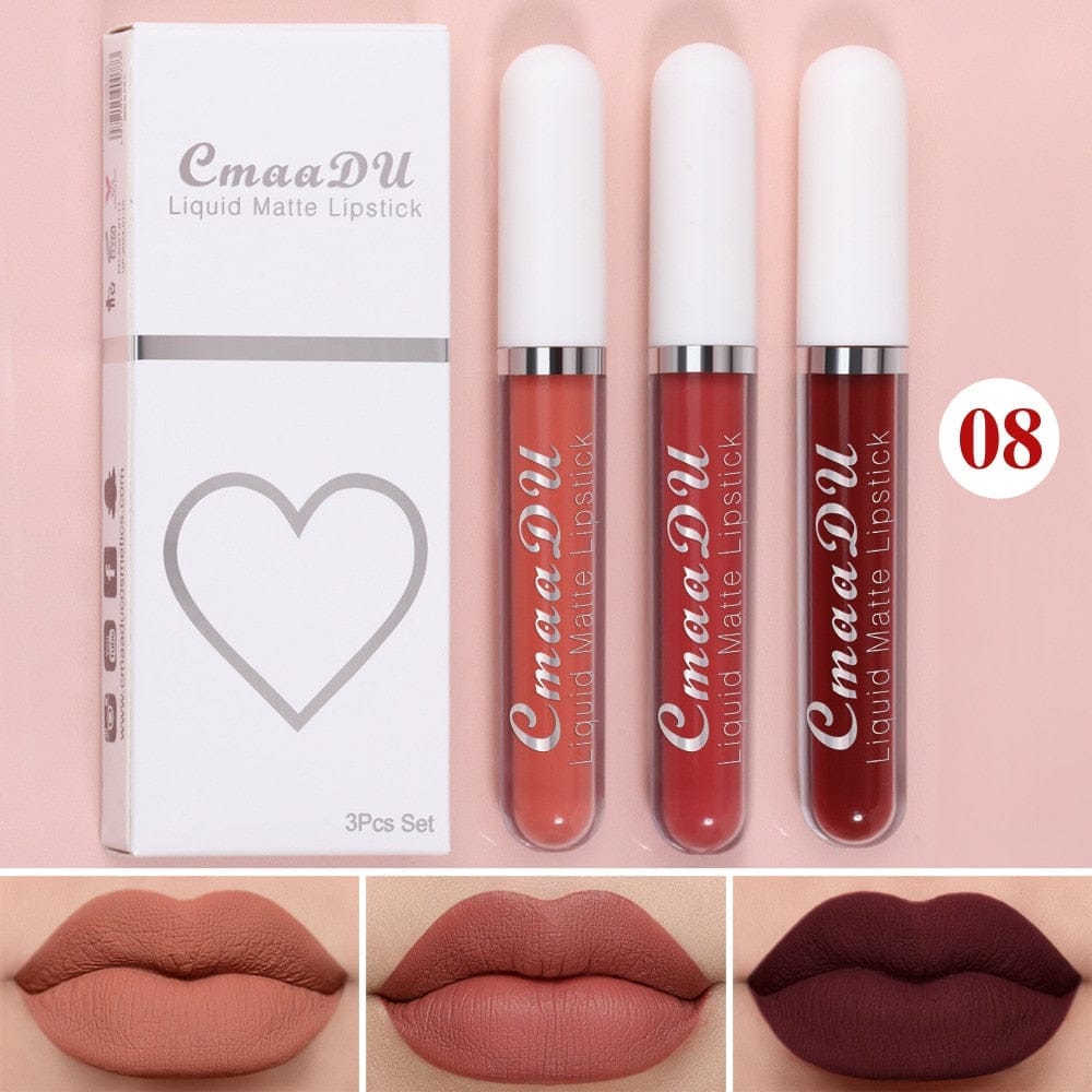 3 Colors/set Matte Velvet Lip Gloss Non-Stick Cup Waterproof Lipstick
