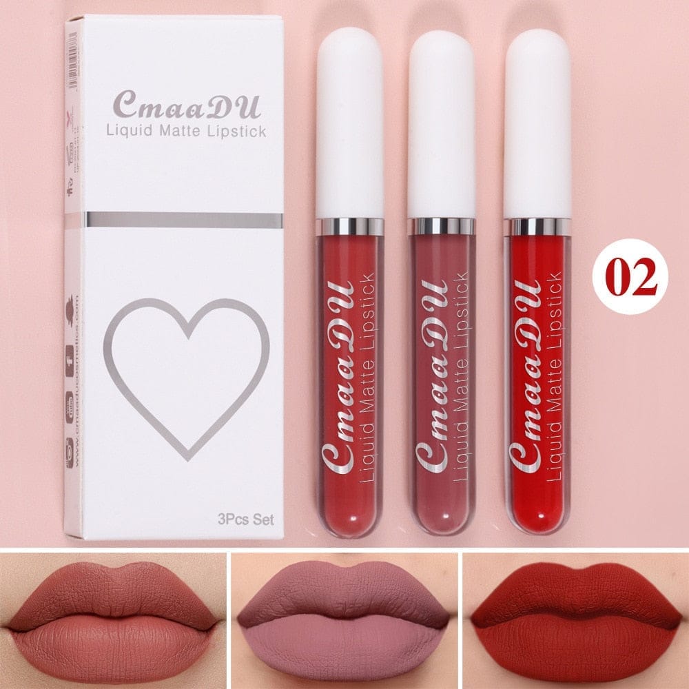 3 Colors/set Matte Velvet Lip Gloss Non-Stick Cup Waterproof Lipstick