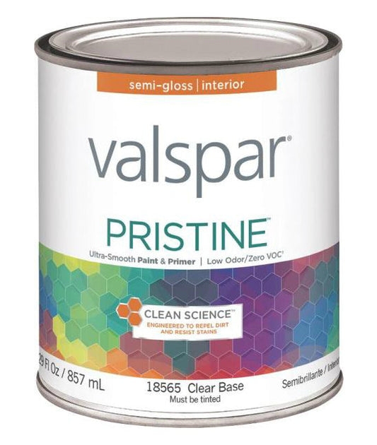 Valspar 18565 Pristine Interior Latex Semi-Gloss Paint, Clear Base, Quart