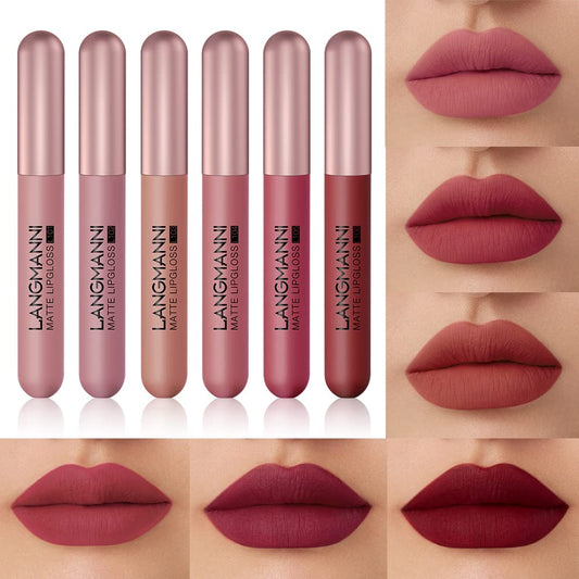 LANGMANNI Velvet Matte Nude Lipstick Set,Long-Lasting & Rich Pigment,Capsule Tube Shape Lip Gloss Set Gift Collection for Women/Girls (6Pcs Liquid Lipstick)
