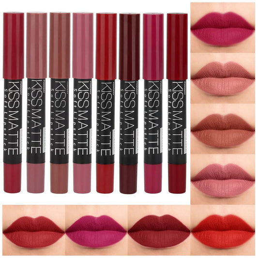 evpct 8Pcs Matte Lipstick and Lip Crayon Lip Liner Pencil Pen Set for Women DNM Dark Ruby Deep Red Nude Beige Chestnut Brown Mauve Plum Purple Wine Red Matte Lip Liner Crayon and Liquid Lipstick 03