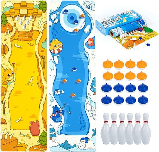 4FT Table top Curling and Bowling 2 in 1 Board Games, Shuffleboard Game Set with 16 Curling Rocks and 6 Bowling Pins, Best Gifts for Kids Adults, Travel Compact Storage, Indoor Outdoor Fun Family Game