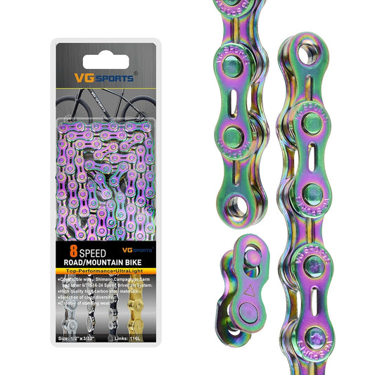 VG SPORTS 6/7/8/9/10/11 Speed Bike Chains, Half Hollow/Full Hollow Lightweight Bicycle Chains for Road Bike/MTB/BMX, Rainbow 116 Links with Missing Link