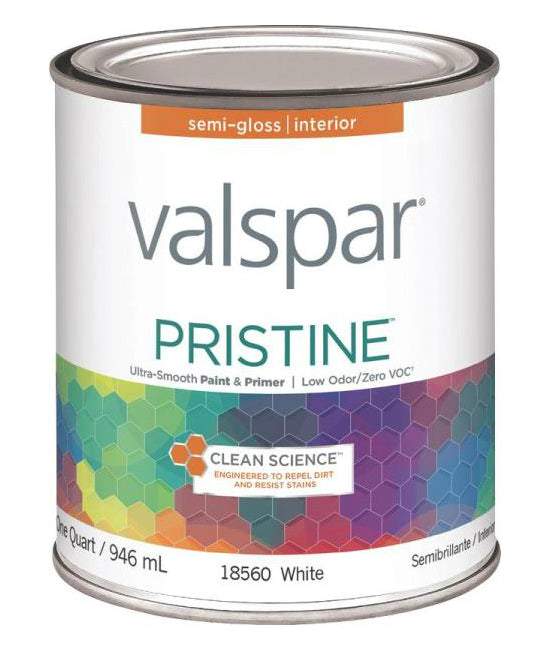 Valspar 18560 Pristine Interior Latex Semi-Gloss Paint, White, Quart