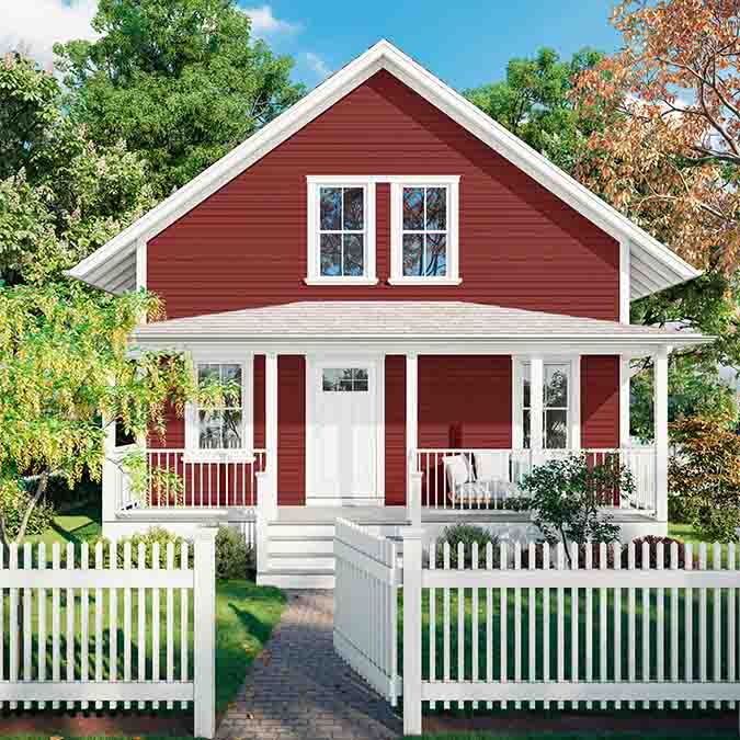 A residential home exterior in the house paint color Big Apple, the perfect candy apple red paint color from Clare. Big Apple is a deliciously striking candy apple red paint color named in honor of NYC - the place where the world's best paint brand was born.