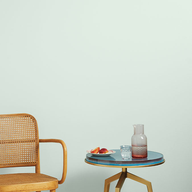 A beautiful home interior room painted in Flow State, the perfect french blue paint from Clare. Flow State is an airy, light french blue paint color that will turn up the tranquility in any room you choose. Shop now.